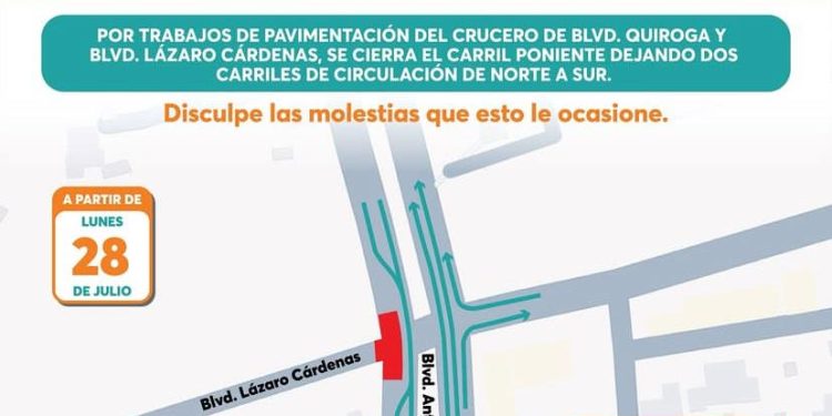 Por inicio de obras cerrarán el carril poniente de Quiroga y Cárdenas a partir de este lunes 28